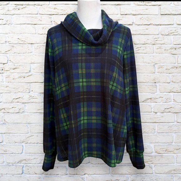 Torrid Blue and Green Plaid Cowl Neck Top - Picture 3 of 5
